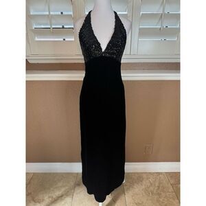 Vintage Women's S Sequin Plunge Halter Evening Gown Black Formal Maxi Dress Glam